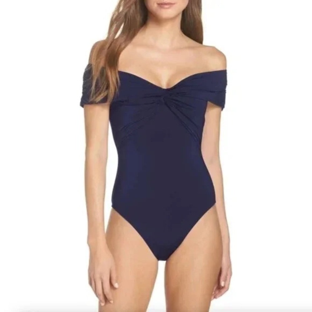 NWT Trina Turk Women's Off Shoulder Twist Wrap Front One Piece Swimsuit sz 4
